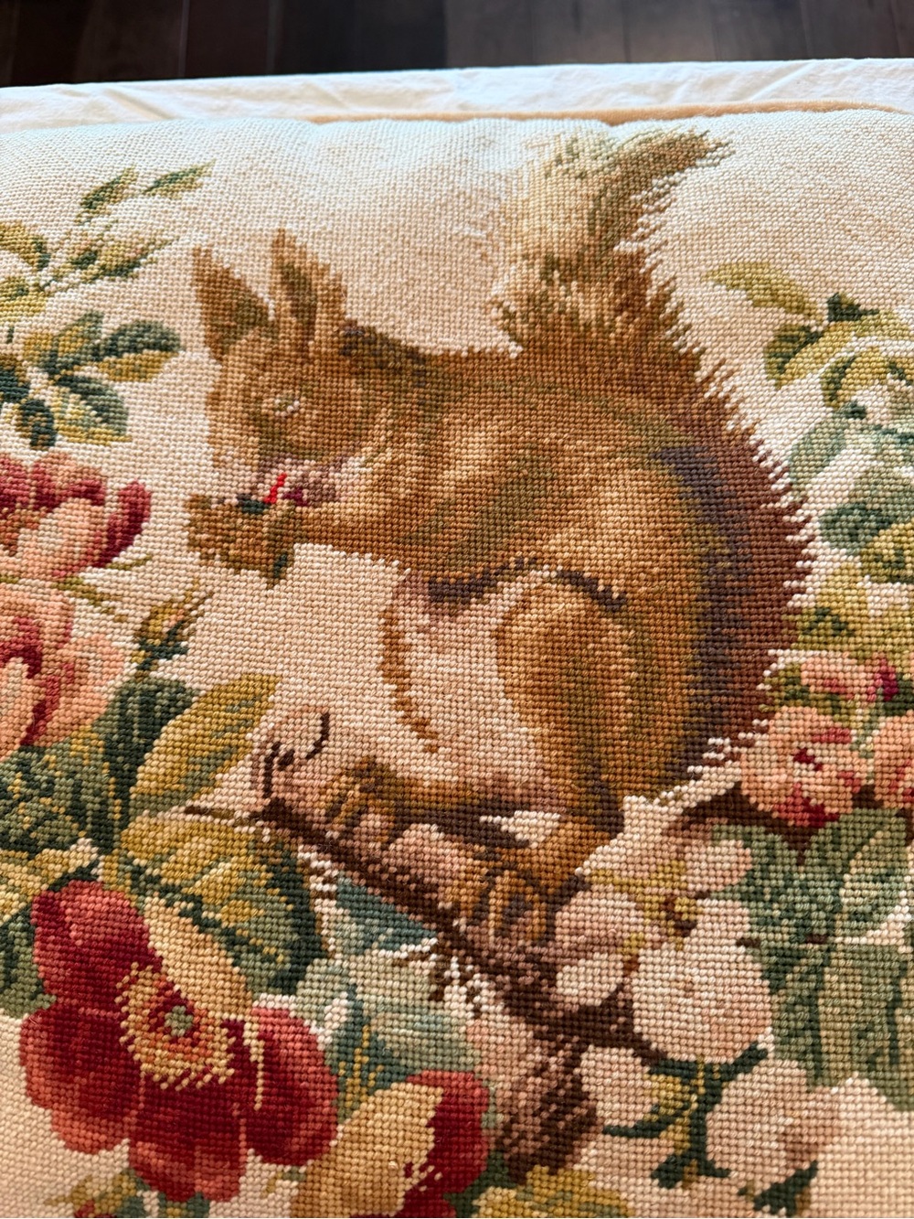 Needlepoint Squirrel Floral Cushion/Pillow in Cream and Earth Tones - Picture 2 of 7